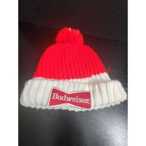 Vintage Budweiser Patch Beanie Hat Knit Cap Red White Pom‎ Pom Beer Logo